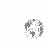 Crane with JWL globe logo and arrows, symbolizing construction growth and global expansion.