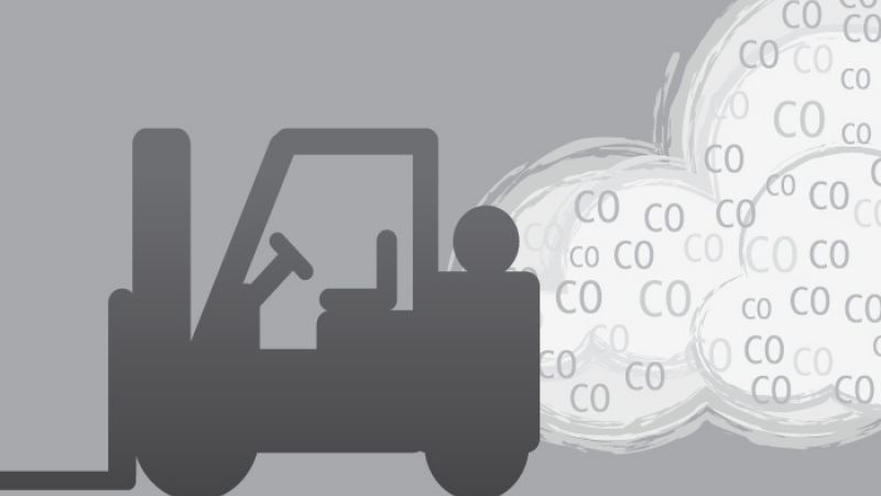 Silhouette forklift with CO-labeled clouds to the right, illustrating carbon monoxide emissions from equipment.