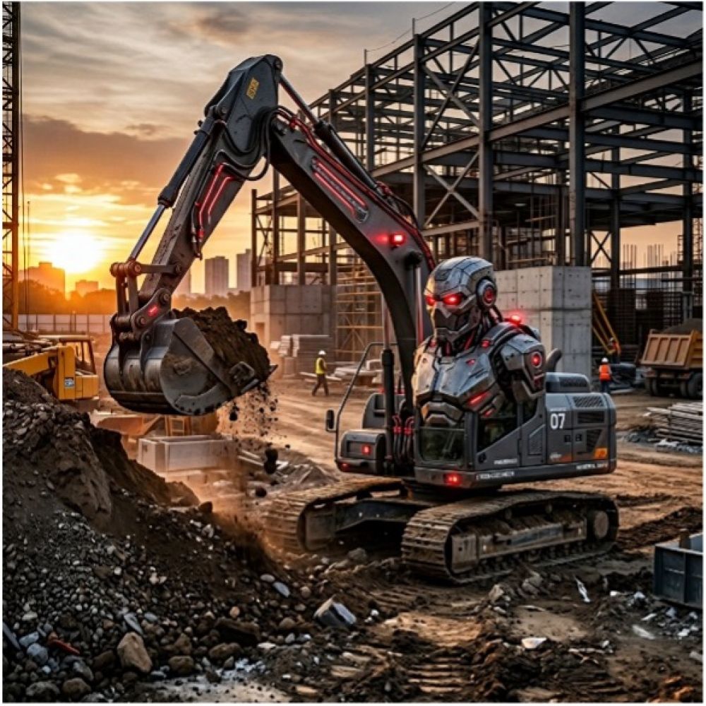Autonomous robot excavator with a raised bucket digging at a construction site during sunset.