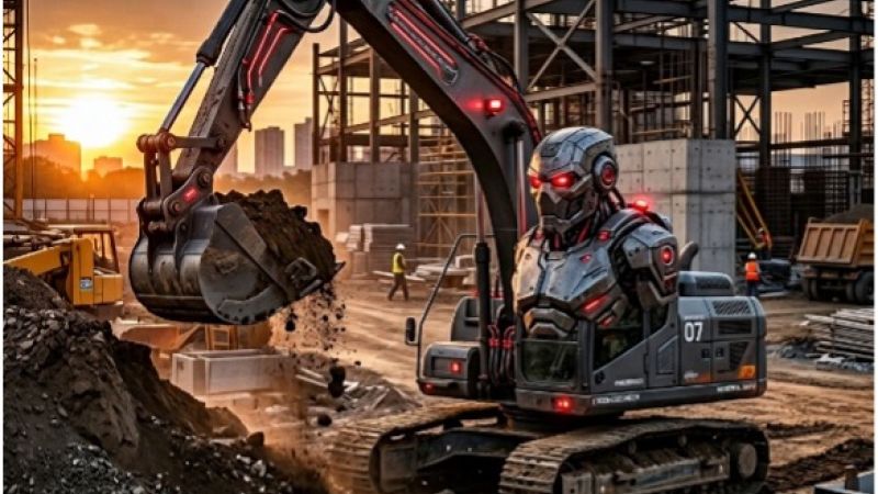 Autonomous robot excavator with a raised bucket digging at a construction site during sunset.