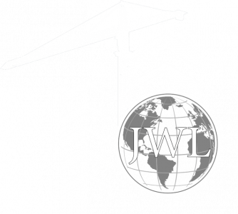 Crane with JWL globe logo and arrows, symbolizing construction growth and global expansion.
